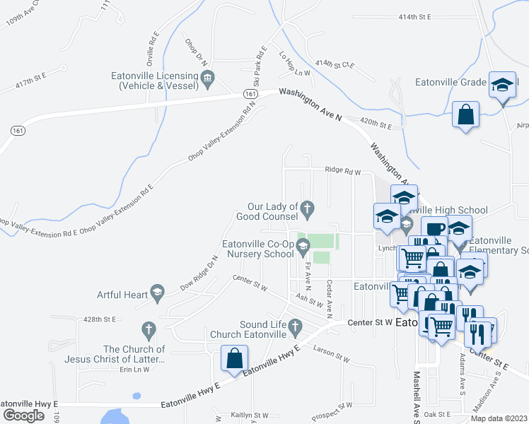 map of restaurants, bars, coffee shops, grocery stores, and more near 350 Braden Close Avenue North in Eatonville