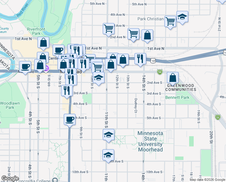 map of restaurants, bars, coffee shops, grocery stores, and more near 1120 3rd Avenue South in Moorhead