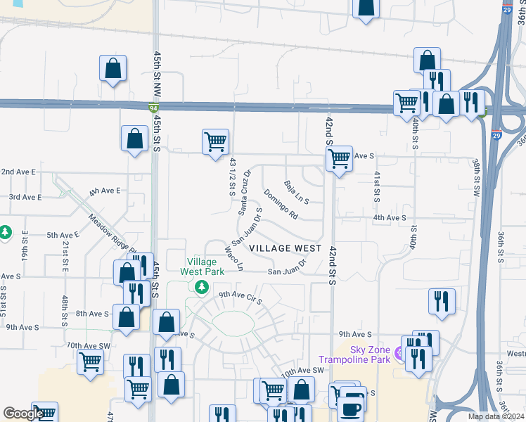 map of restaurants, bars, coffee shops, grocery stores, and more near 4790 San Juan Drive South in Fargo