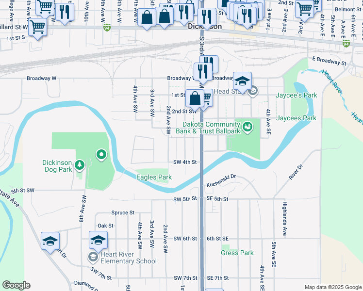 map of restaurants, bars, coffee shops, grocery stores, and more near 350 1st Avenue Southeast in Dickinson