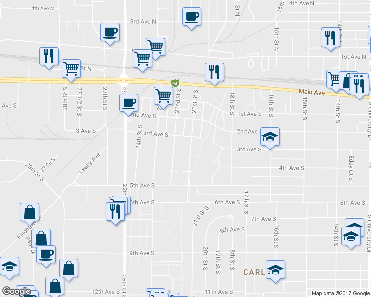 map of restaurants, bars, coffee shops, grocery stores, and more near 321 21st Street South in Fargo