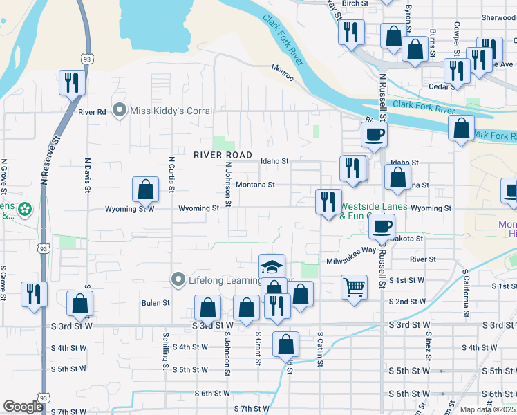 map of restaurants, bars, coffee shops, grocery stores, and more near 199 North Grant Street in Missoula