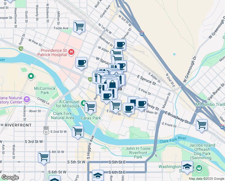 map of restaurants, bars, coffee shops, grocery stores, and more near 248 North Higgins Avenue in Missoula
