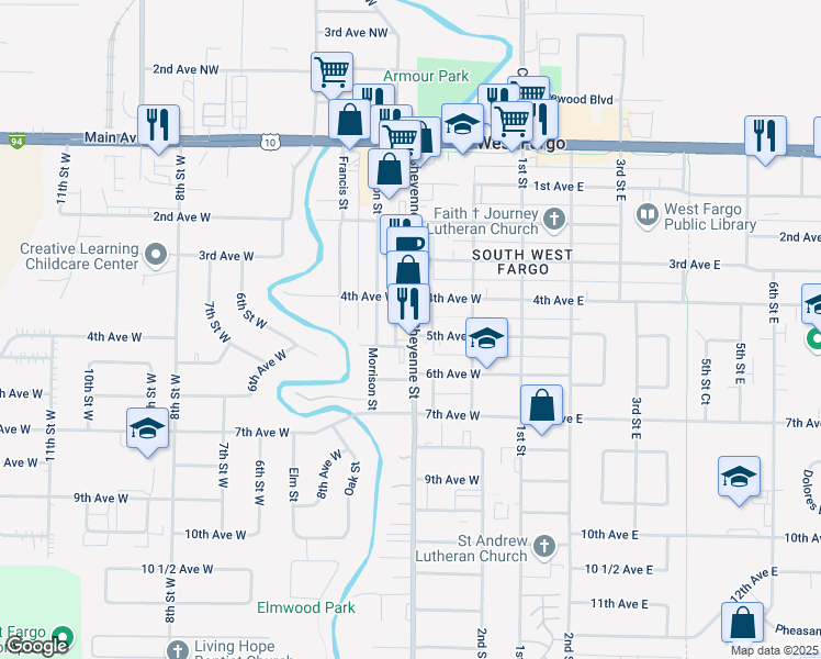 map of restaurants, bars, coffee shops, grocery stores, and more near 444 Sheyenne Street in West Fargo