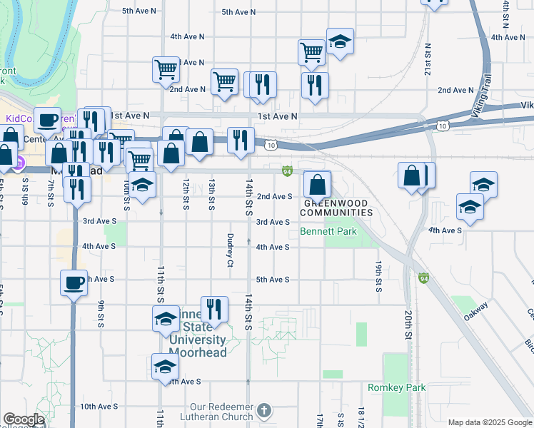 map of restaurants, bars, coffee shops, grocery stores, and more near 221 15th Street South in Moorhead
