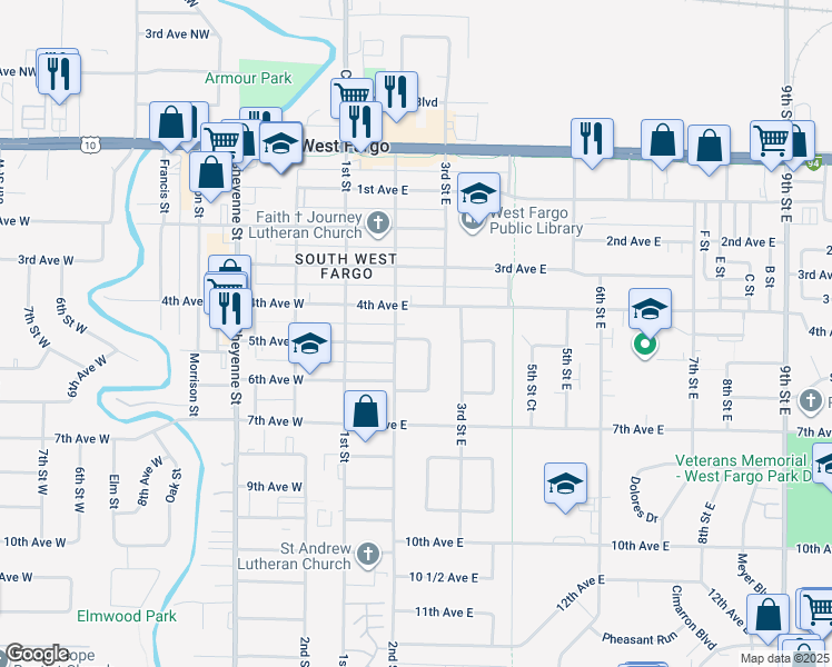 map of restaurants, bars, coffee shops, grocery stores, and more near 206 5th Avenue East in West Fargo