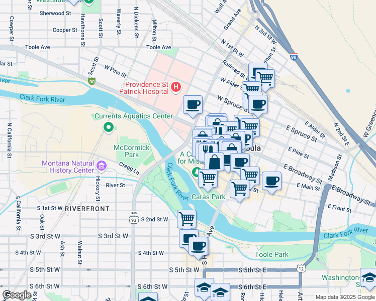 map of restaurants, bars, coffee shops, grocery stores, and more near 345 West Front Street in Missoula