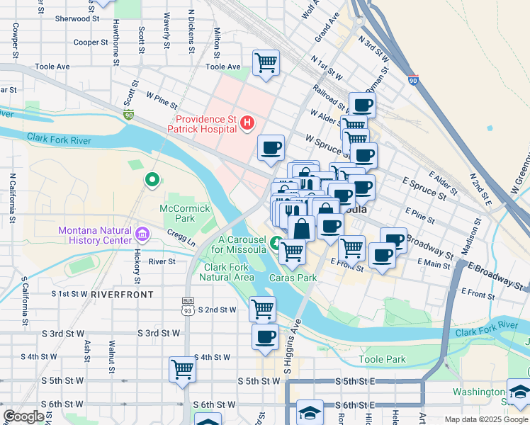 map of restaurants, bars, coffee shops, grocery stores, and more near in Missoula