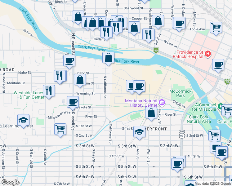 map of restaurants, bars, coffee shops, grocery stores, and more near 970 Wyoming Street in Missoula
