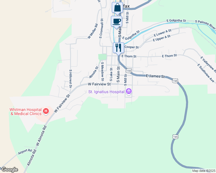 map of restaurants, bars, coffee shops, grocery stores, and more near 107 West Fairview Street in Colfax