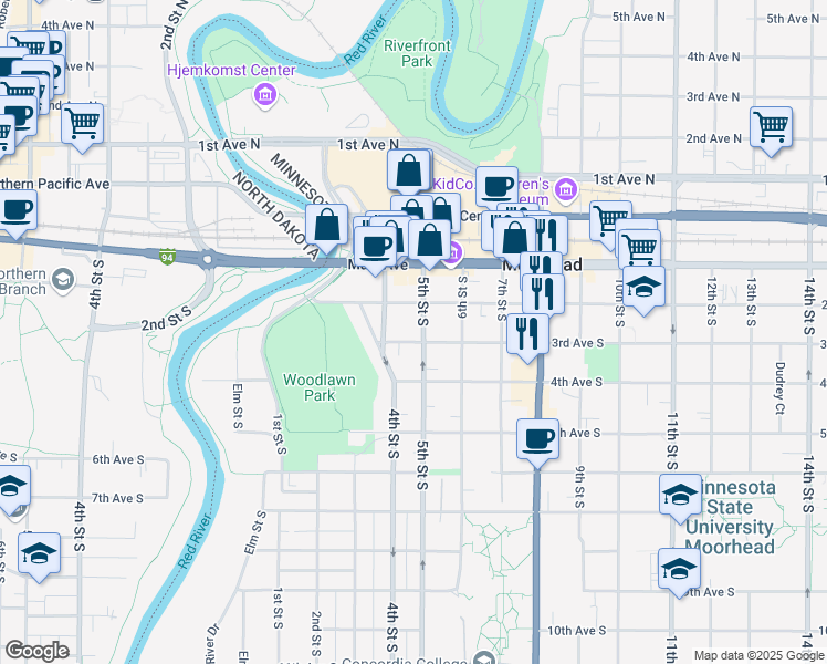 map of restaurants, bars, coffee shops, grocery stores, and more near 221 5th Street South in Moorhead