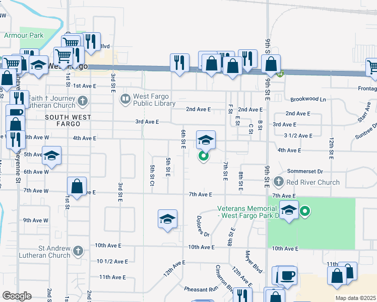 map of restaurants, bars, coffee shops, grocery stores, and more near 419 6th Street East in West Fargo