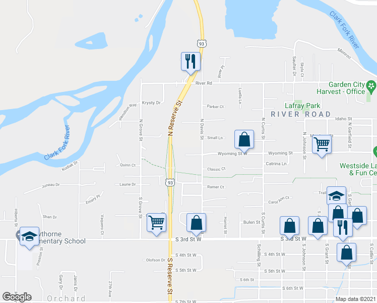 map of restaurants, bars, coffee shops, grocery stores, and more near 2416 Wyoming Street in Missoula