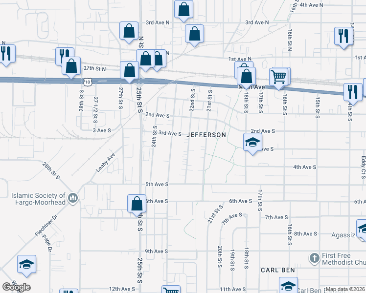 map of restaurants, bars, coffee shops, grocery stores, and more near 317 22nd St S in Fargo