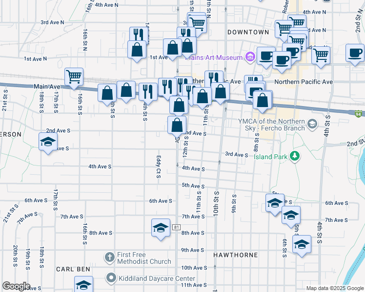 map of restaurants, bars, coffee shops, grocery stores, and more near 219 12th Street South in Fargo