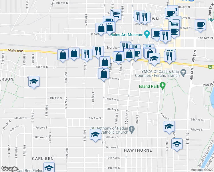 map of restaurants, bars, coffee shops, grocery stores, and more near 219 12th Street South in Fargo