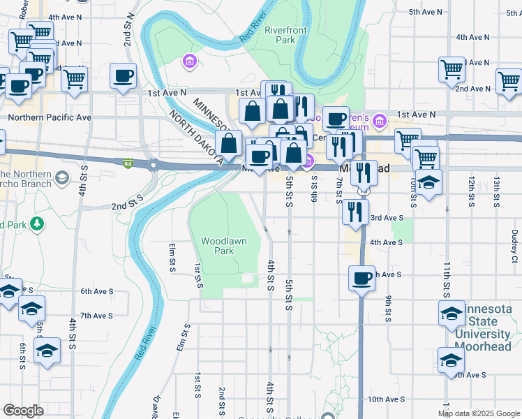 map of restaurants, bars, coffee shops, grocery stores, and more near 219 4th Street North in Moorhead