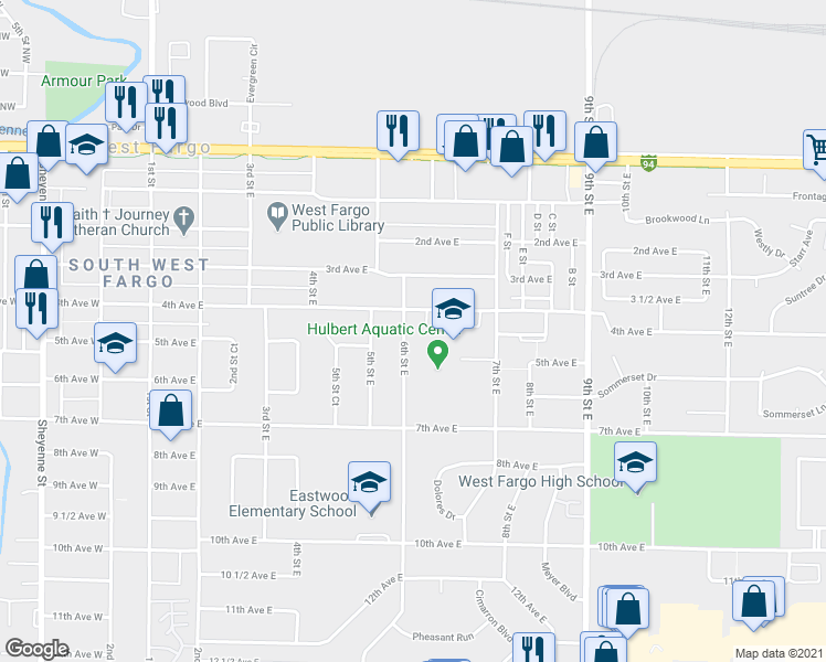 map of restaurants, bars, coffee shops, grocery stores, and more near 419 6th Street East in West Fargo