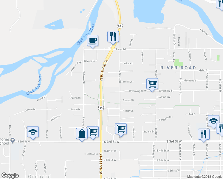 map of restaurants, bars, coffee shops, grocery stores, and more near 2428 Wyoming Street in Missoula