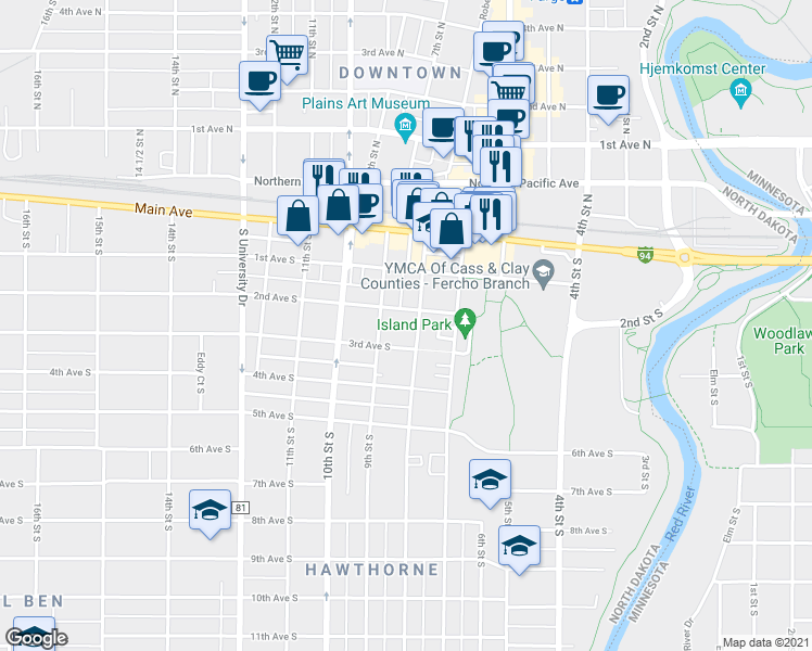 map of restaurants, bars, coffee shops, grocery stores, and more near 209-211 8th Street South in Fargo