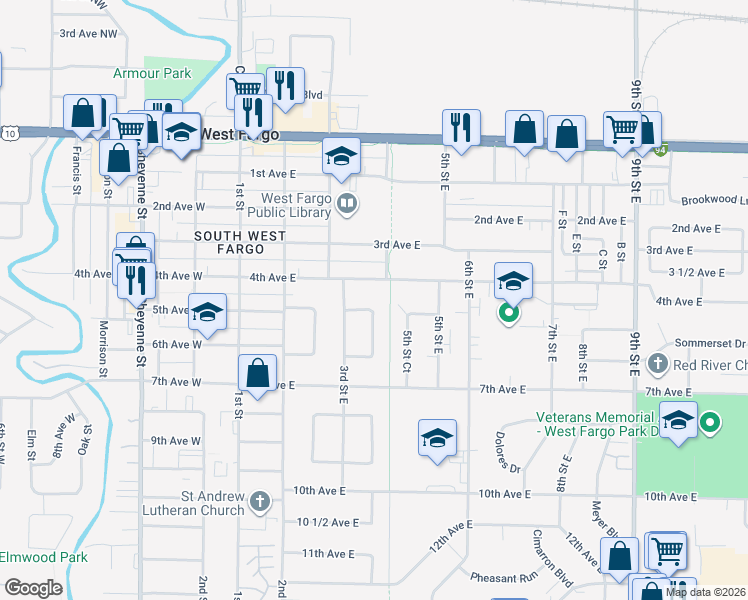 map of restaurants, bars, coffee shops, grocery stores, and more near 318 5th Avenue East in West Fargo