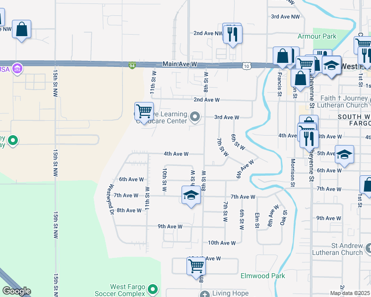 map of restaurants, bars, coffee shops, grocery stores, and more near 940 4th Avenue West in West Fargo