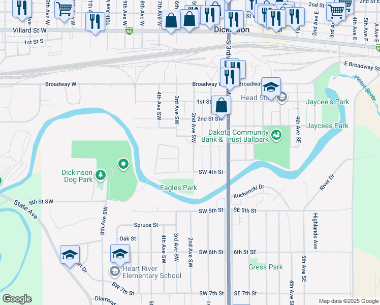 map of restaurants, bars, coffee shops, grocery stores, and more near 344 2nd Avenue Southwest in Dickinson