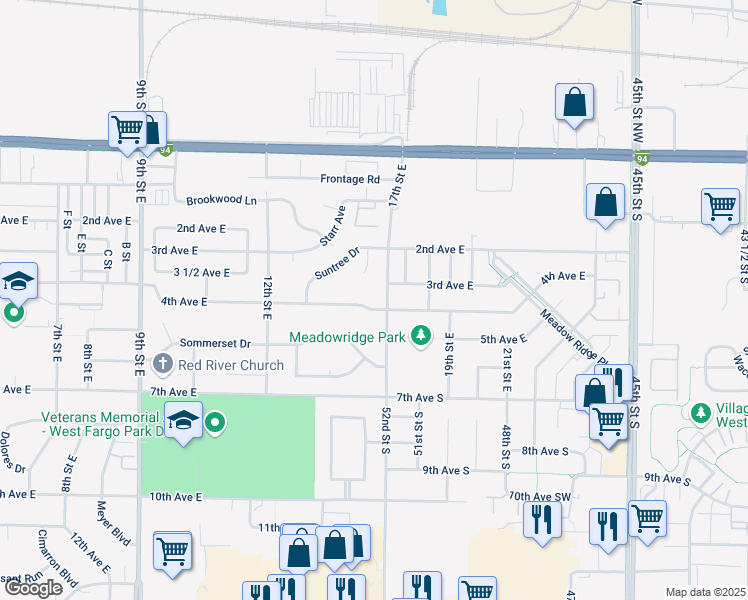 map of restaurants, bars, coffee shops, grocery stores, and more near 1624 4th Avenue East in West Fargo