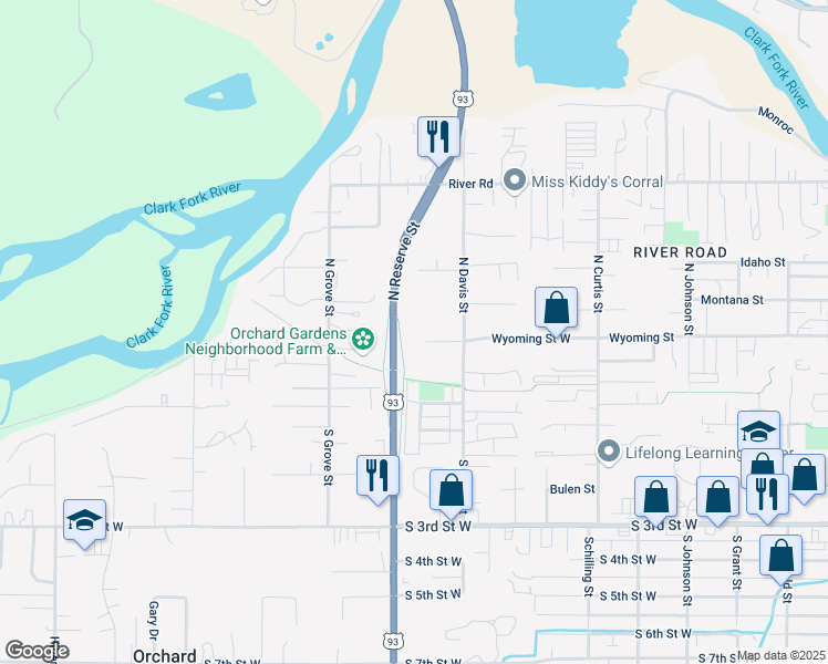 map of restaurants, bars, coffee shops, grocery stores, and more near 2434 Wyoming Street in Missoula