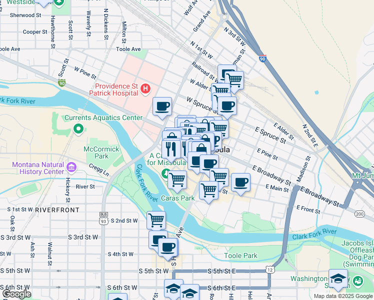 map of restaurants, bars, coffee shops, grocery stores, and more near 216 West Main Street in Missoula