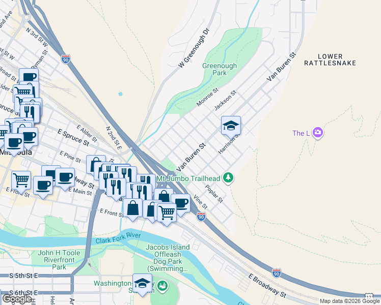 map of restaurants, bars, coffee shops, grocery stores, and more near 800 Van Buren Street in Missoula