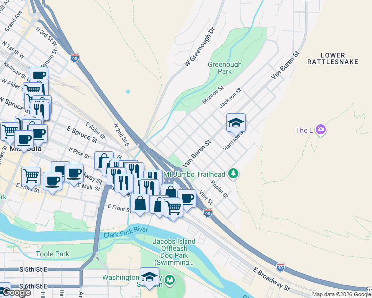 map of restaurants, bars, coffee shops, grocery stores, and more near 806 Poplar Street in Missoula
