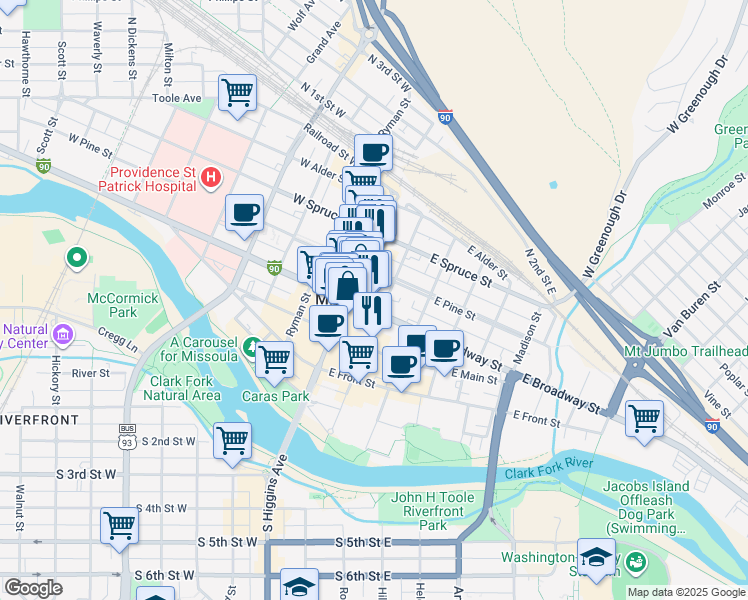 map of restaurants, bars, coffee shops, grocery stores, and more near 315 North Pattee Street in Missoula