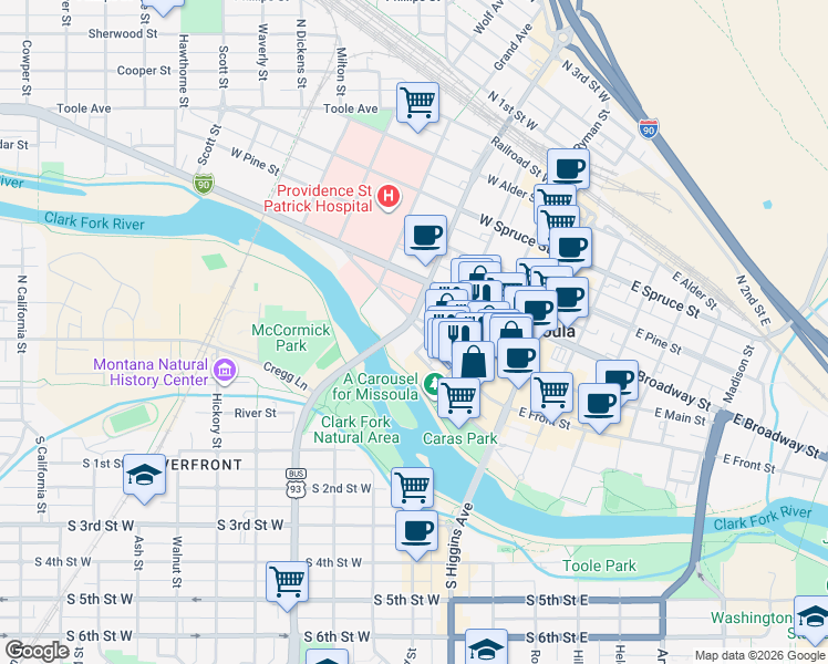 map of restaurants, bars, coffee shops, grocery stores, and more near in Missoula