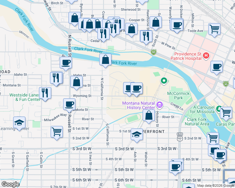 map of restaurants, bars, coffee shops, grocery stores, and more near 970 Wyoming Street in Missoula