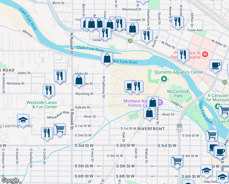 map of restaurants, bars, coffee shops, grocery stores, and more near 970 Wyoming Street in Missoula