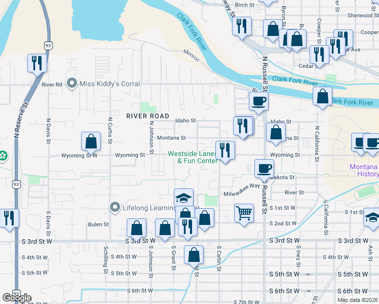 map of restaurants, bars, coffee shops, grocery stores, and more near 1822 Wyoming Street in Missoula