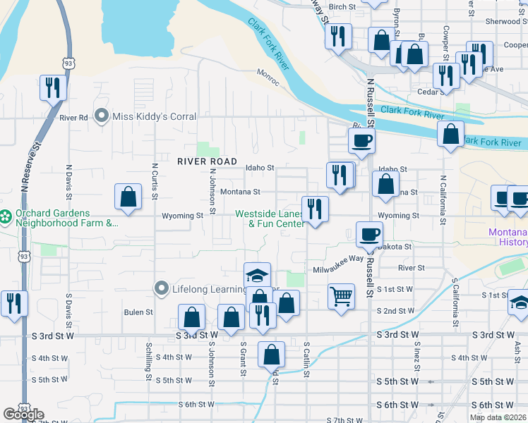 map of restaurants, bars, coffee shops, grocery stores, and more near 1822 Wyoming Street in Missoula