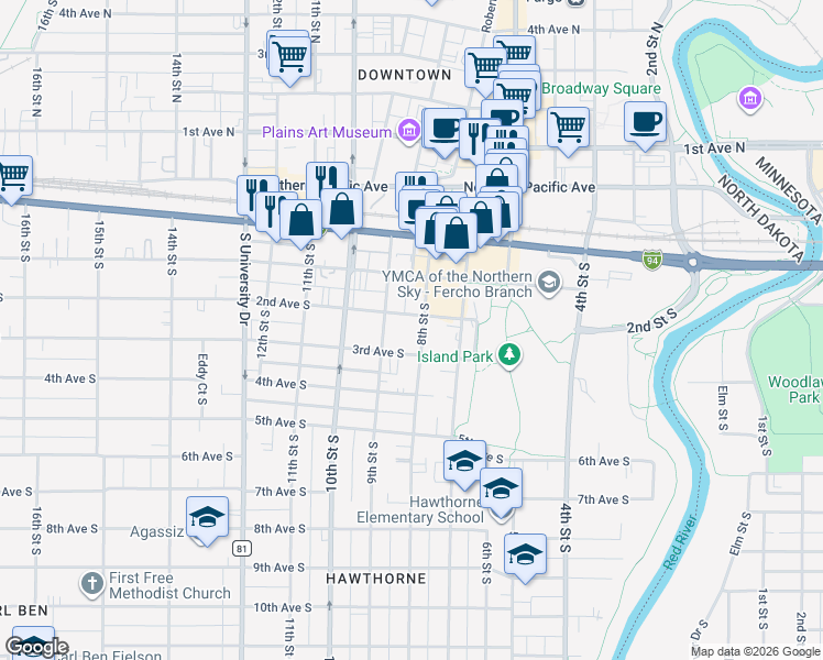 map of restaurants, bars, coffee shops, grocery stores, and more near 209-211 8th Street South in Fargo