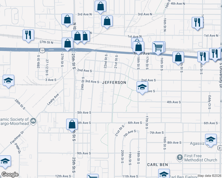 map of restaurants, bars, coffee shops, grocery stores, and more near 321 21st Street South in Fargo