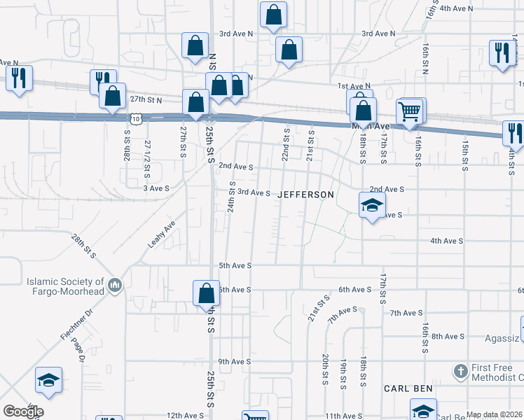 map of restaurants, bars, coffee shops, grocery stores, and more near 317 22nd St S in Fargo