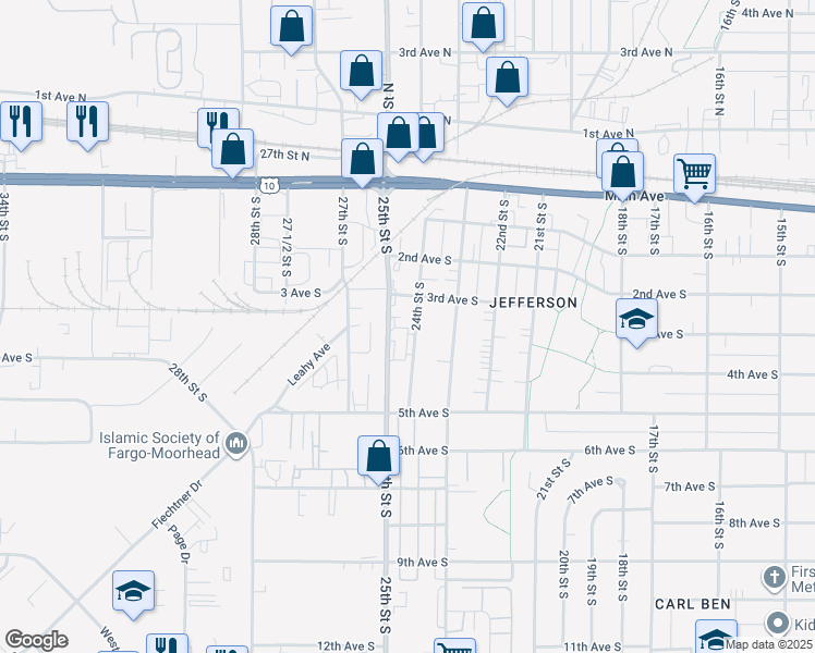 map of restaurants, bars, coffee shops, grocery stores, and more near 313 24th St S in Fargo