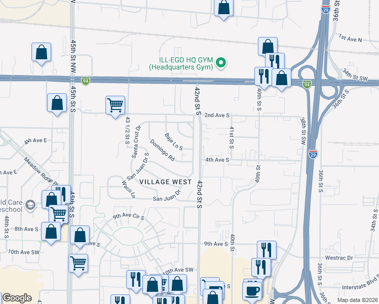 map of restaurants, bars, coffee shops, grocery stores, and more near 443 Baja Lane in Fargo