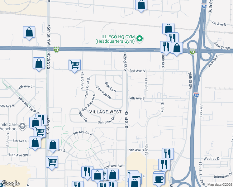 map of restaurants, bars, coffee shops, grocery stores, and more near 443 Baja Lane in Fargo