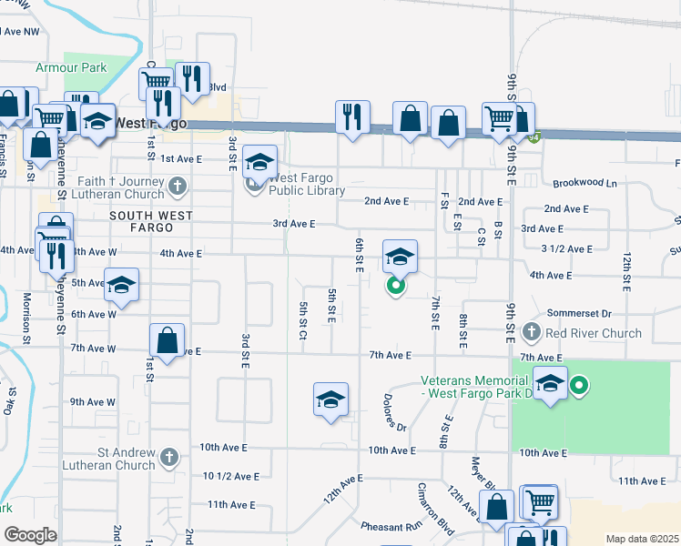 map of restaurants, bars, coffee shops, grocery stores, and more near 407 5th Street East in West Fargo