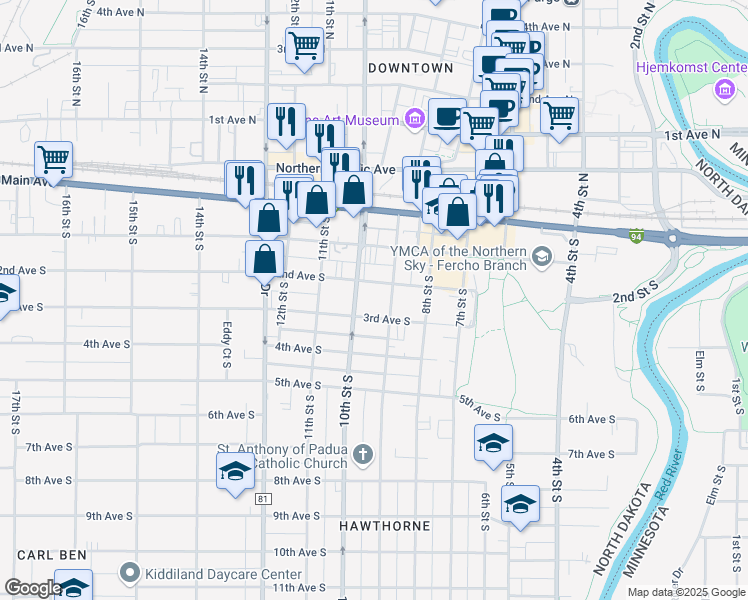 map of restaurants, bars, coffee shops, grocery stores, and more near 211 9th Street South in Fargo