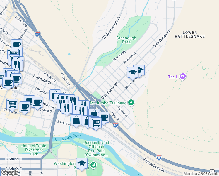 map of restaurants, bars, coffee shops, grocery stores, and more near 800 Van Buren Street in Missoula
