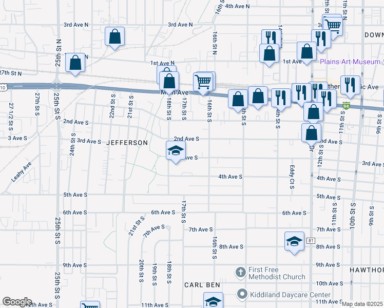 map of restaurants, bars, coffee shops, grocery stores, and more near 1625 3rd Avenue South in Fargo