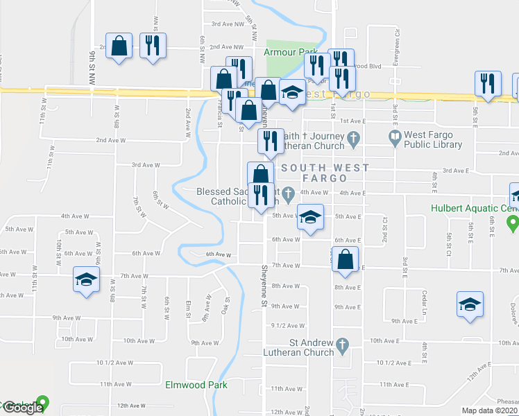 map of restaurants, bars, coffee shops, grocery stores, and more near 444 Sheyenne Street in West Fargo