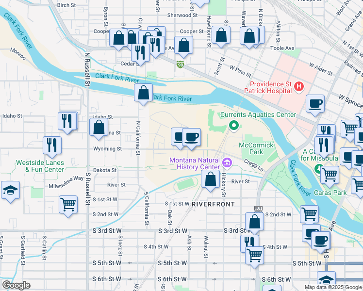 map of restaurants, bars, coffee shops, grocery stores, and more near 910 Wyoming Street in Missoula